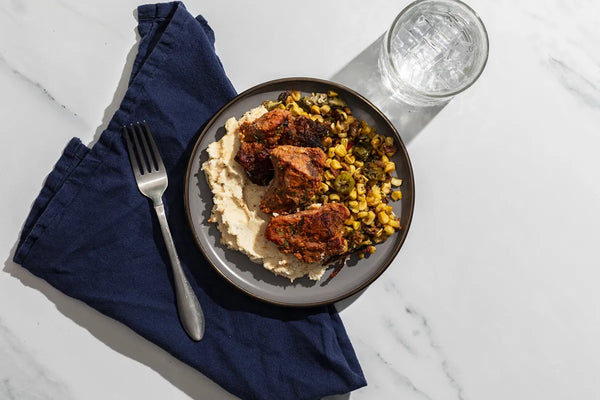 BBQ Pork Chunks with Parsnip Puree & Okra Succotash