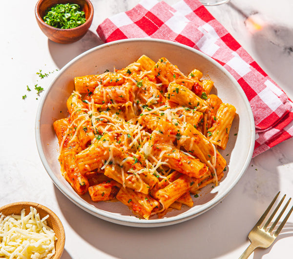 Vegan Spicy Rigatoni with Parmesean Cheese