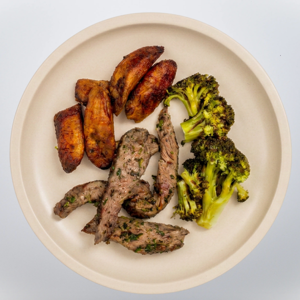 Filet Mignon with Olive Oil Cilantro Sauce and Baked Sweet Plantain